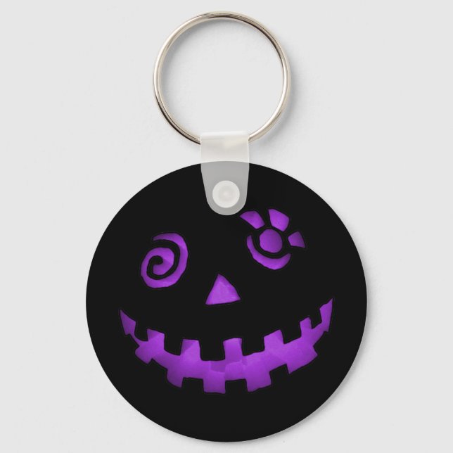 Crazy Jack O Lantern Pumpkin Face Purple Keychain (Front)