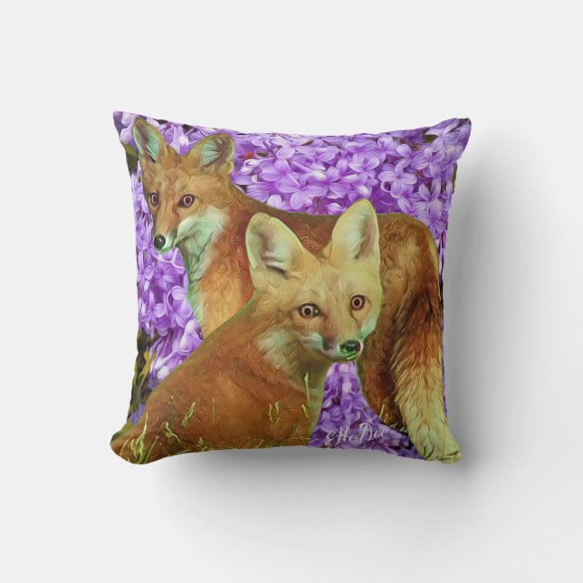 Crazy Like a Fox in Lilacs Throw Pillow (Front)