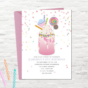 Crazy Milkshake Candy Cupcake Pink Birthday Party  Invitation