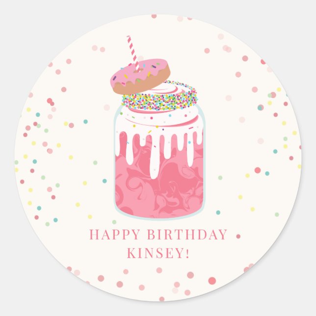 Crazy Milkshake Confetti Donut Pink Birthday Party Classic Round Sticker (Front)