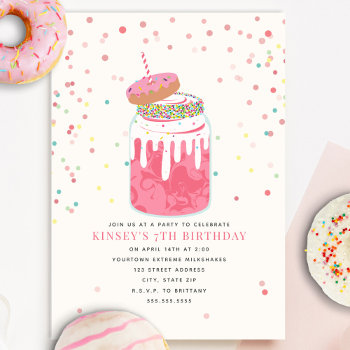 Crazy Milkshake Donut Confetti Pink Birthday Party Invitation by JillsPaperie at Zazzle