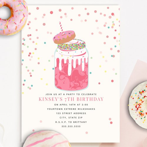 Crazy Milkshake Donut Confetti Pink Birthday Party Invitation