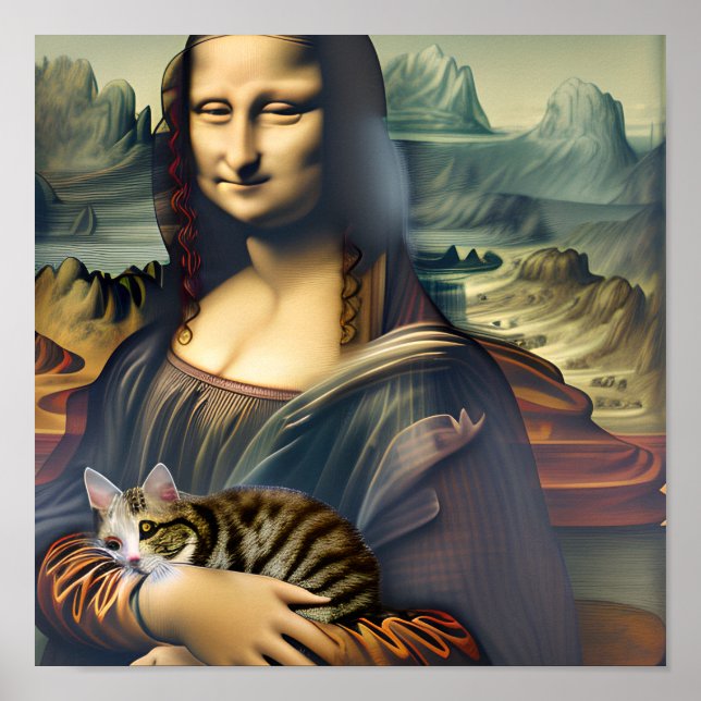 Crazy Mona Lisa with Kitty Cat Portrait Art Poster (Front)