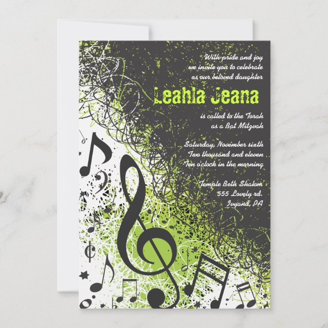 CRAZY MUSICAL NOTES Bar Mitzvah Invitation Lime (Front)