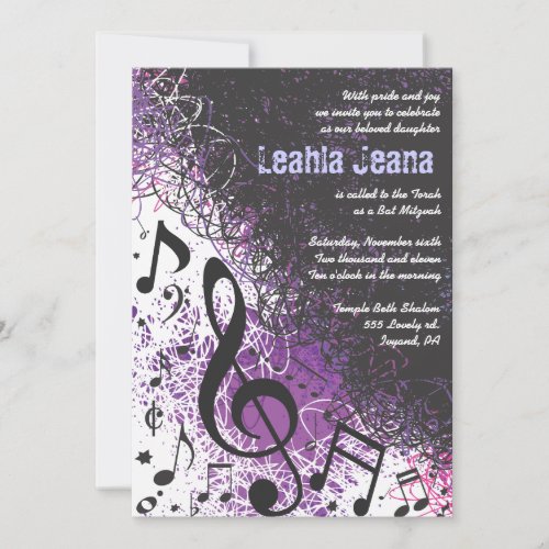 CRAZY MUSICAL NOTES Bar Mitzvah Invitation Violet