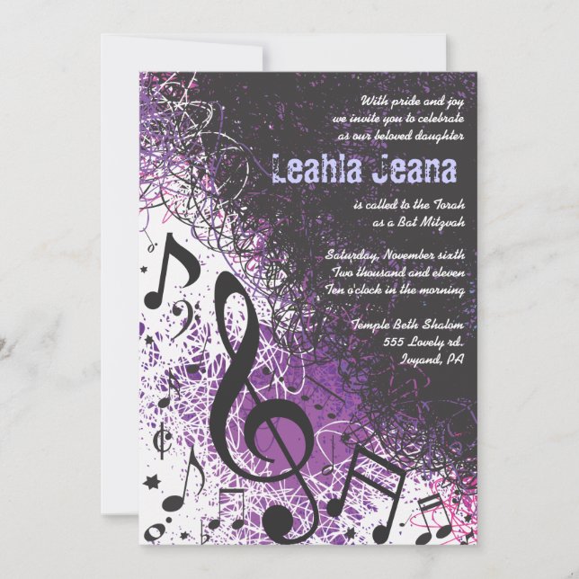 CRAZY MUSICAL NOTES Bar Mitzvah Invitation Violet (Front)
