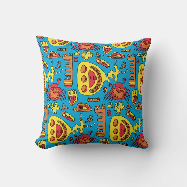 Crazy Ocean Creatures and Yellow Submarine  Silver Throw Pillow (Front)
