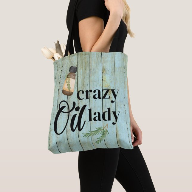 Crazy Oil Lady Pun Aromatherapy Essential Oil Draw Tote Bag (Close Up)