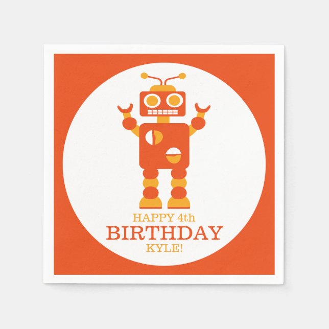 Crazy Orange Robot Personalized Birthday Party Napkins (Front)