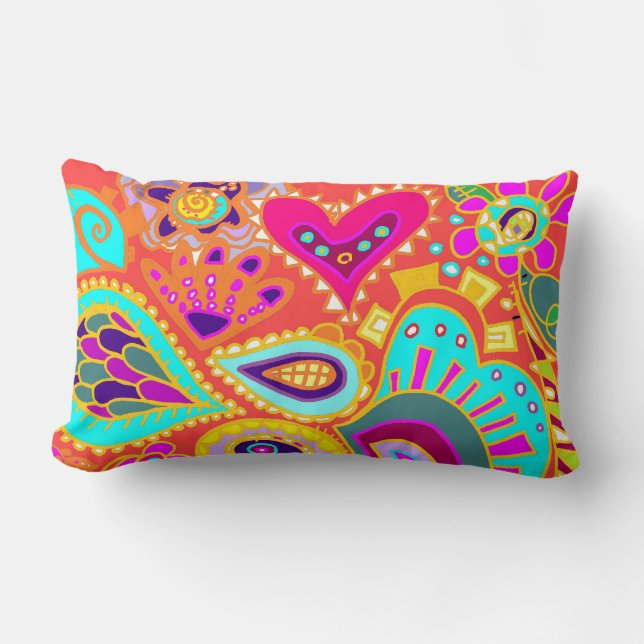 Crazy Paisley TWO sided Lumbar Orange & LIME Pillow (Front)
