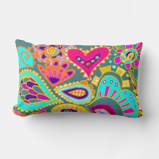 Crazy Paisley TWO sided Lumbar PURPLE & JADE Pillow (Front)