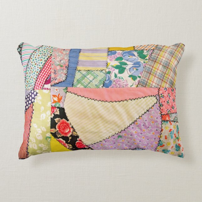 Crazy Patchwork Quilt With Zigzag Stitching Accent Pillow (Front)