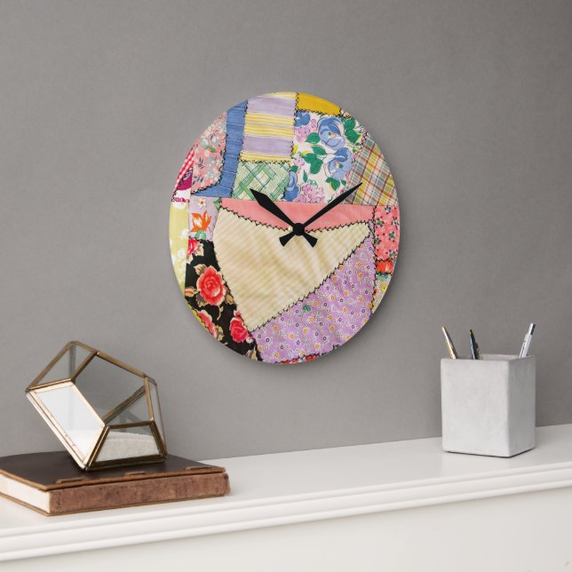 Crazy Patchwork Quilt With Zigzag Stitching Large Clock (Office)