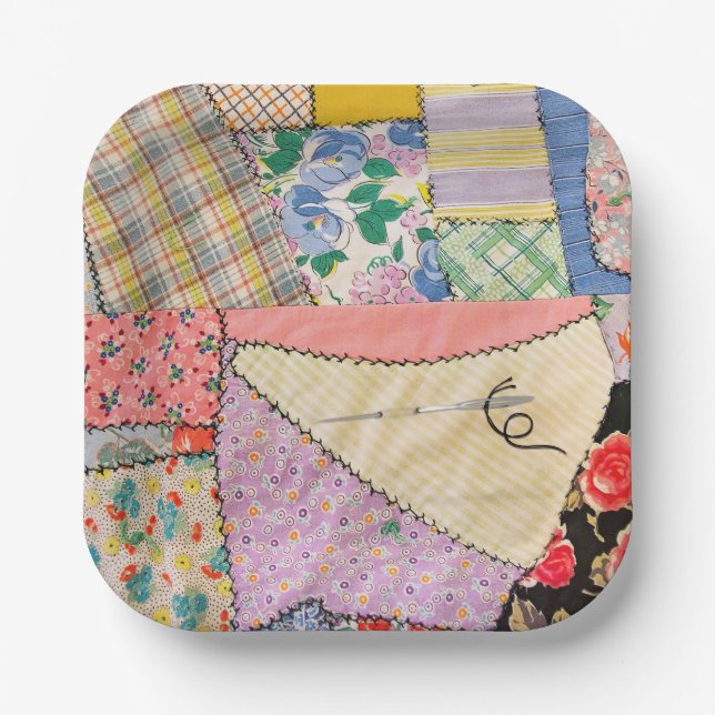 Crazy Patchwork Quilt With Zigzag Stitching Paper Plates (Front)