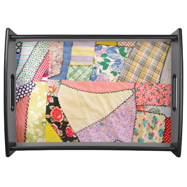 Crazy Patchwork Quilt With Zigzag Stitching Serving Tray (Front)
