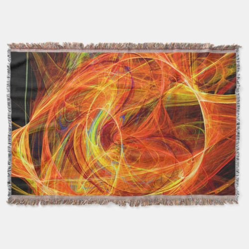 CRAZY PHOTON Abstract Orange Yellow Fractal Swirls Throw Blanket