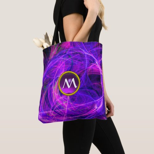 CRAZY PHOTON  GEM MONOGRAM Purple Blue Fractals Tote Bag