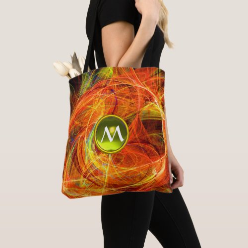 CRAZY PHOTON  GEM MONOGRAM Yellow Orange Fractals Tote Bag