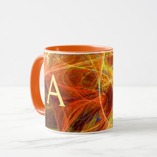 CRAZY PHOTON Orange Yellow Fractal Swirls Monogram Mug