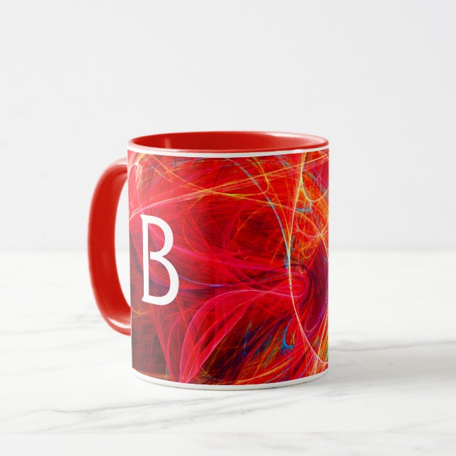 CRAZY PHOTON Red Yellow Fractal Swirls Monogram Mug (Front Left)