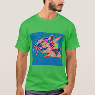 Crazy pink and blue patterns on green T-Shirt