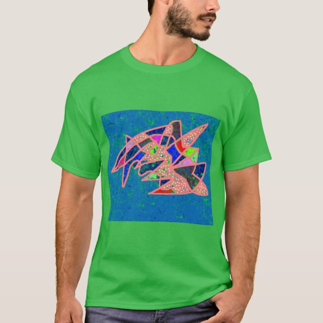 Crazy pink and blue patterns on green T-Shirt (Front)
