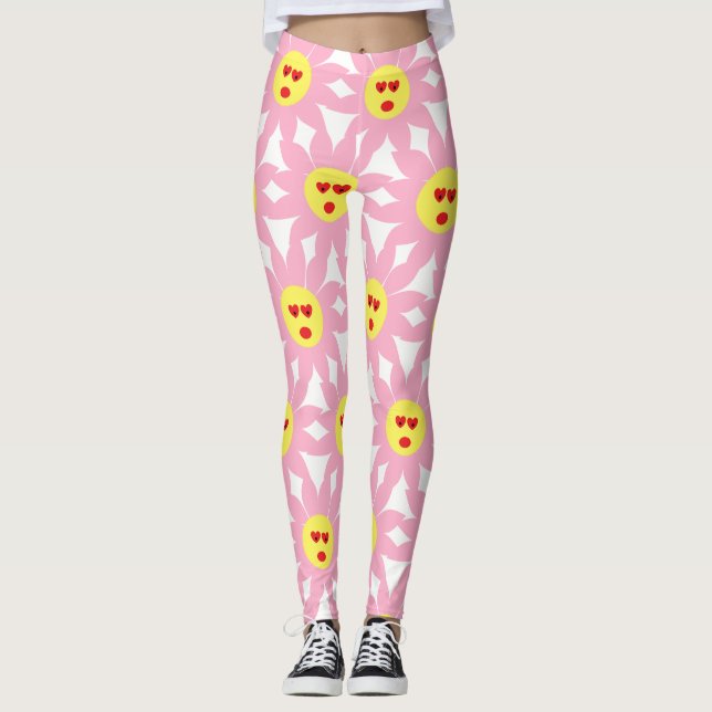 Crazy Pink Flower with Red Heart Eyes Leggings (Front)