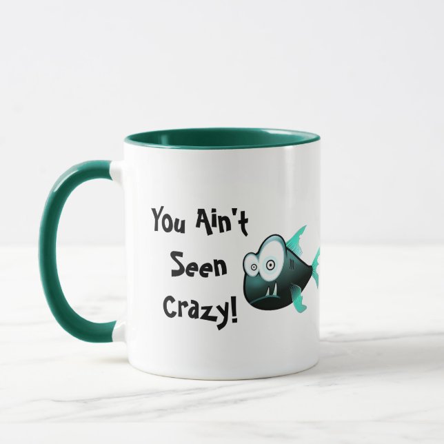 Crazy Piranha, Weird Funny Cartoon Fish Design Mug (Left)