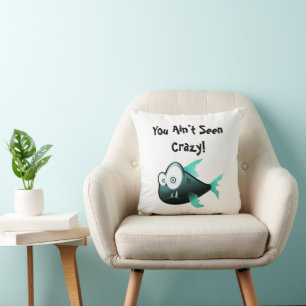 Crazy Piranha, Weird Funny Cartoon Fish Design Throw Pillow