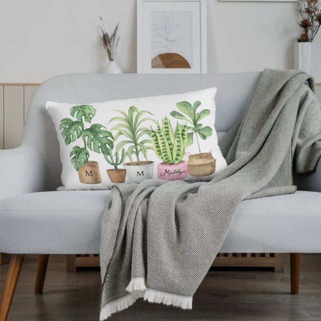 Crazy Plant Lady | Chic Potted Plants Watercolor Lumbar Pillow (Creator Uploaded)