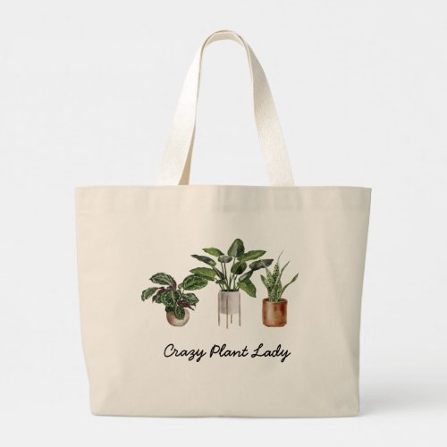 Crazy Plant Lady Watercolor Houseplants  Large Tot Large Tote Bag