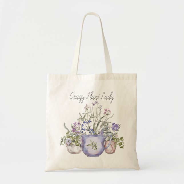 Crazy Plant Lady Watercolor Potted Wildflowers Tote Bag (Front)
