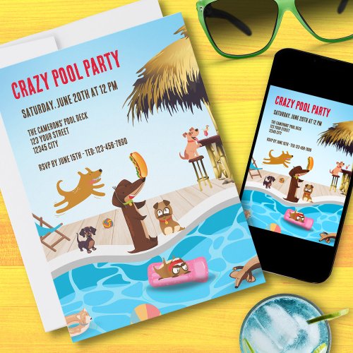 Crazy Pool Party Funny Dogs Beach Bar Invitation