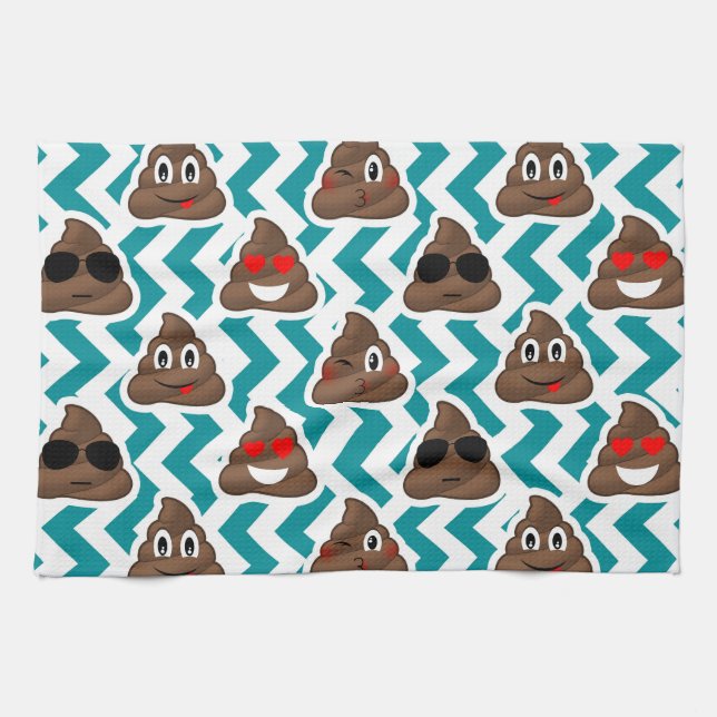 Crazy Poop Emojis Teal Patterned Kitchen Towel (Horizontal)