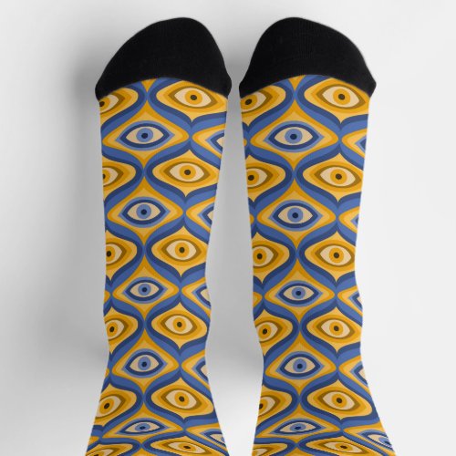 Crazy psychedelic eye pattern indigo blue yellow socks