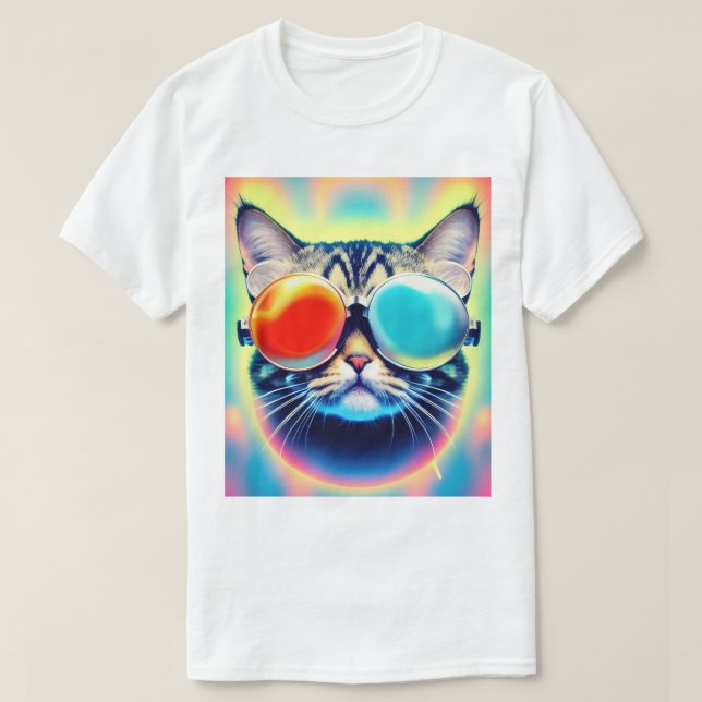 Crazy Psychedelic Psychonaut Kitty Cat White T-Shirt (Design Front)