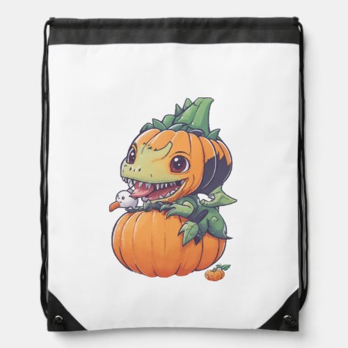 crazy pumpkin trying to eat spooky  drawstring bag