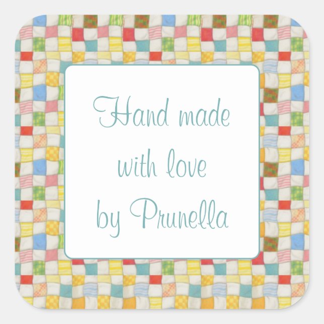 CRAZY QUILT 3" Square "Hand Made" Stickers (Front)