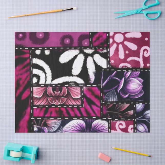 Crazy Quilt Black Cherry Floral Pattern Decoupage Tissue Paper (Craft)