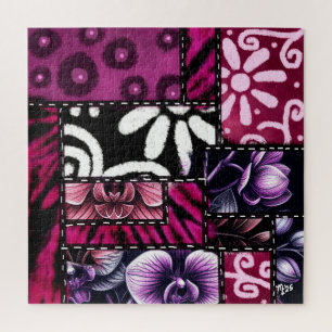 Crazy Quilt Black Cherry Floral Pattern Jigsaw Puzzle