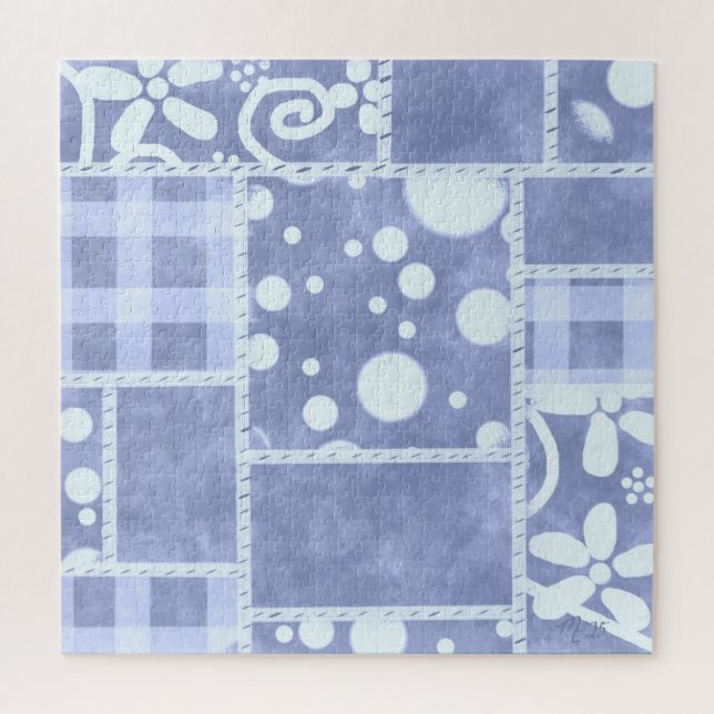 Crazy Quilt Blue Gingham Floral Pattern  Jigsaw Puzzle (Vertical)