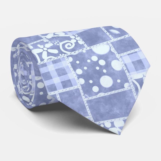 Crazy Quilt Blue Gingham Floral Pattern  Neck Tie (Rolled)