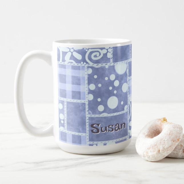 Crazy Quilt Blue Gingham Floral Personalized  Coffee Mug (With Donut)
