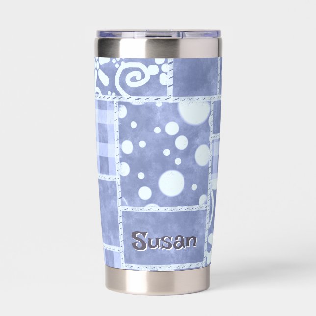 Crazy Quilt Blue Gingham Floral Personalized  Insulated Tumbler (Front)