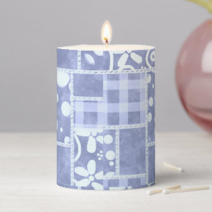 Crazy Quilt Blue Gingham Floral Personalized Pillar Candle