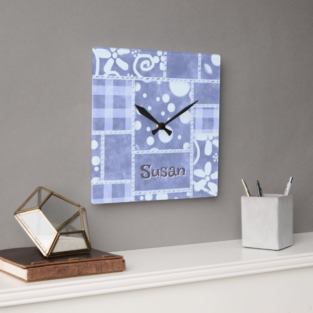 Crazy Quilt Blue Gingham Floral Personalized  Square Wall Clock (Office)