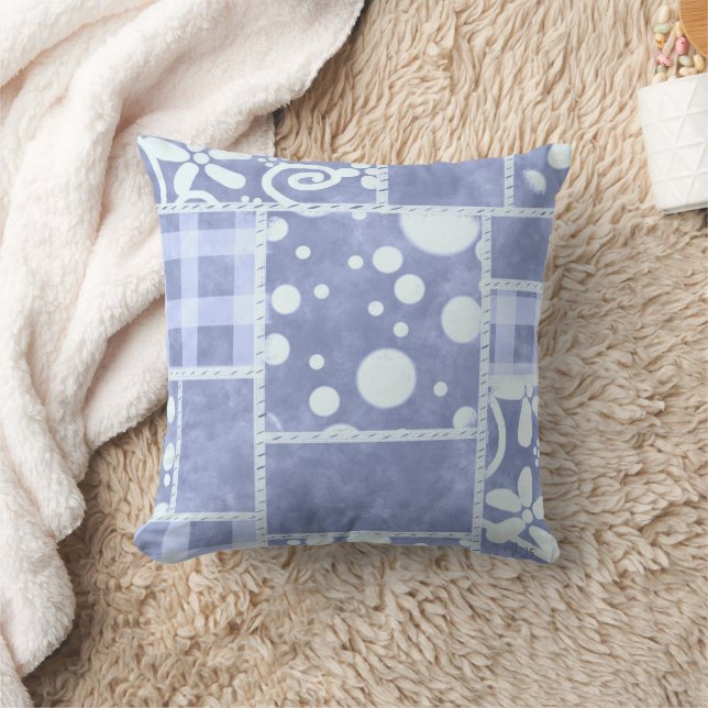 Crazy Quilt Blue Gingham Floral Personalized  Throw Pillow (Blanket)