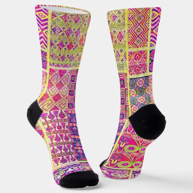 Crazy Quilt Colorful Socks in Pink Tones (Angled)