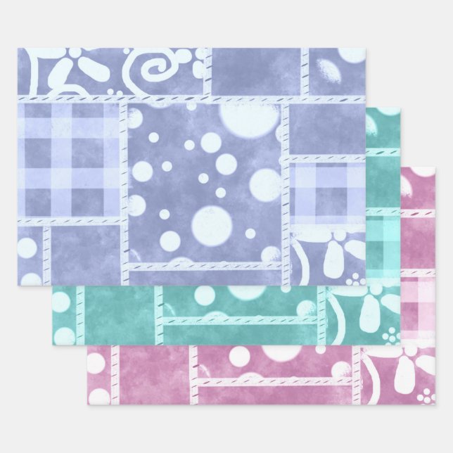 Crazy Quilt Gingham Floral Pattern Decoupage Wrapping Paper Sheets (Set)
