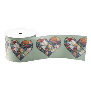 Crazy Quilt Heart Design On Sage Green Grosgrain Ribbon